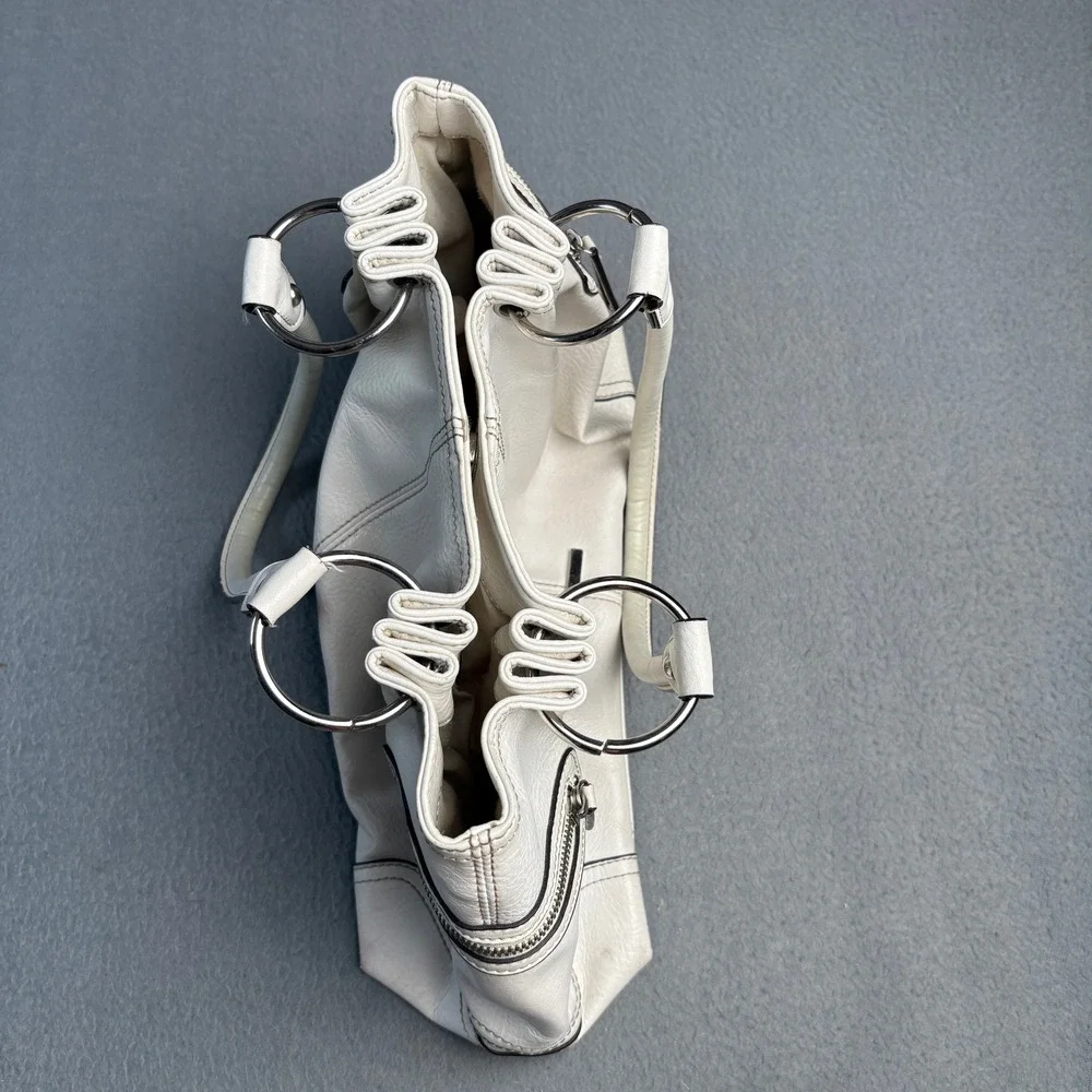Nine West Womens Cream Faux Leather Shoulder Bag Silver Hardware O-Ring Tote